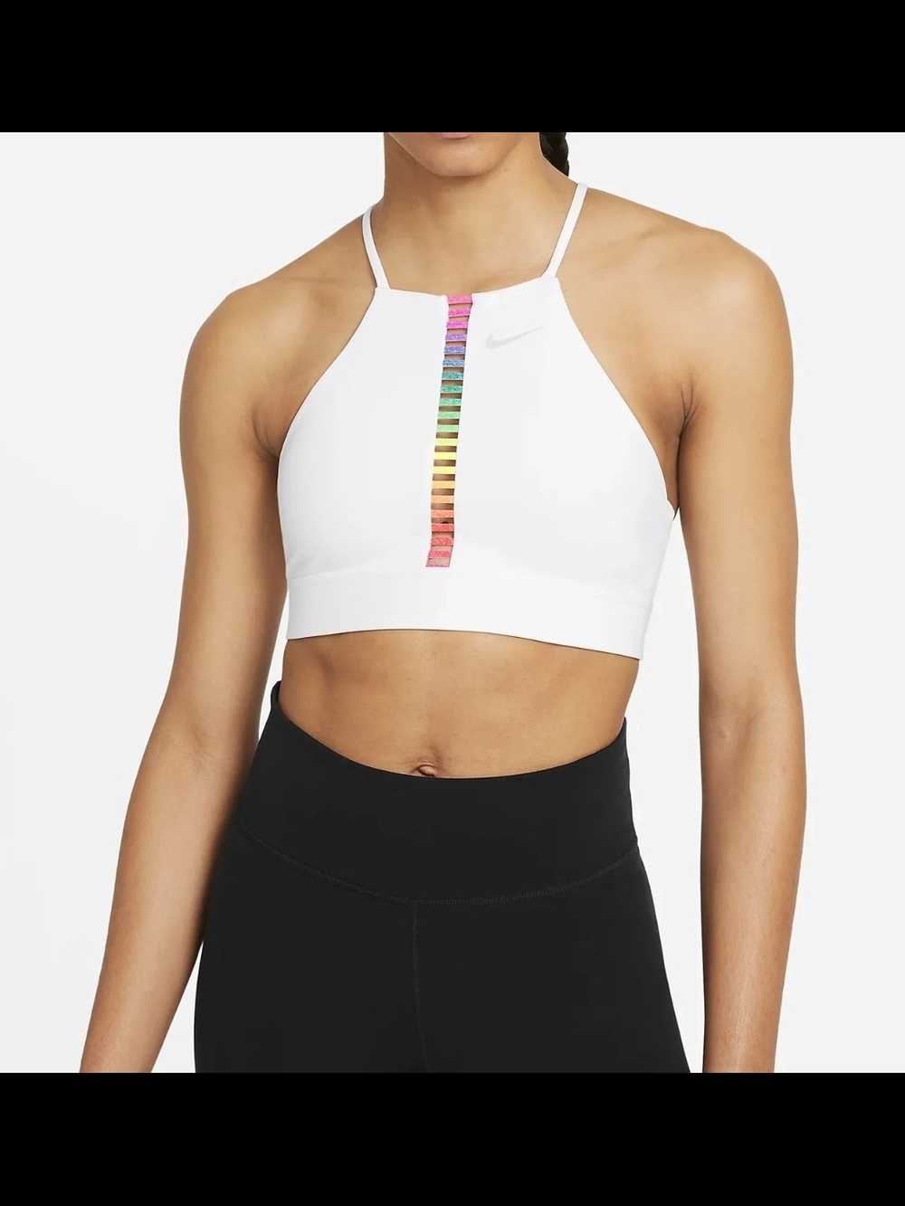 New Nike Women's Dri-FIT Indy Rainbow Ladder Bra High Neck White Pride, Medium